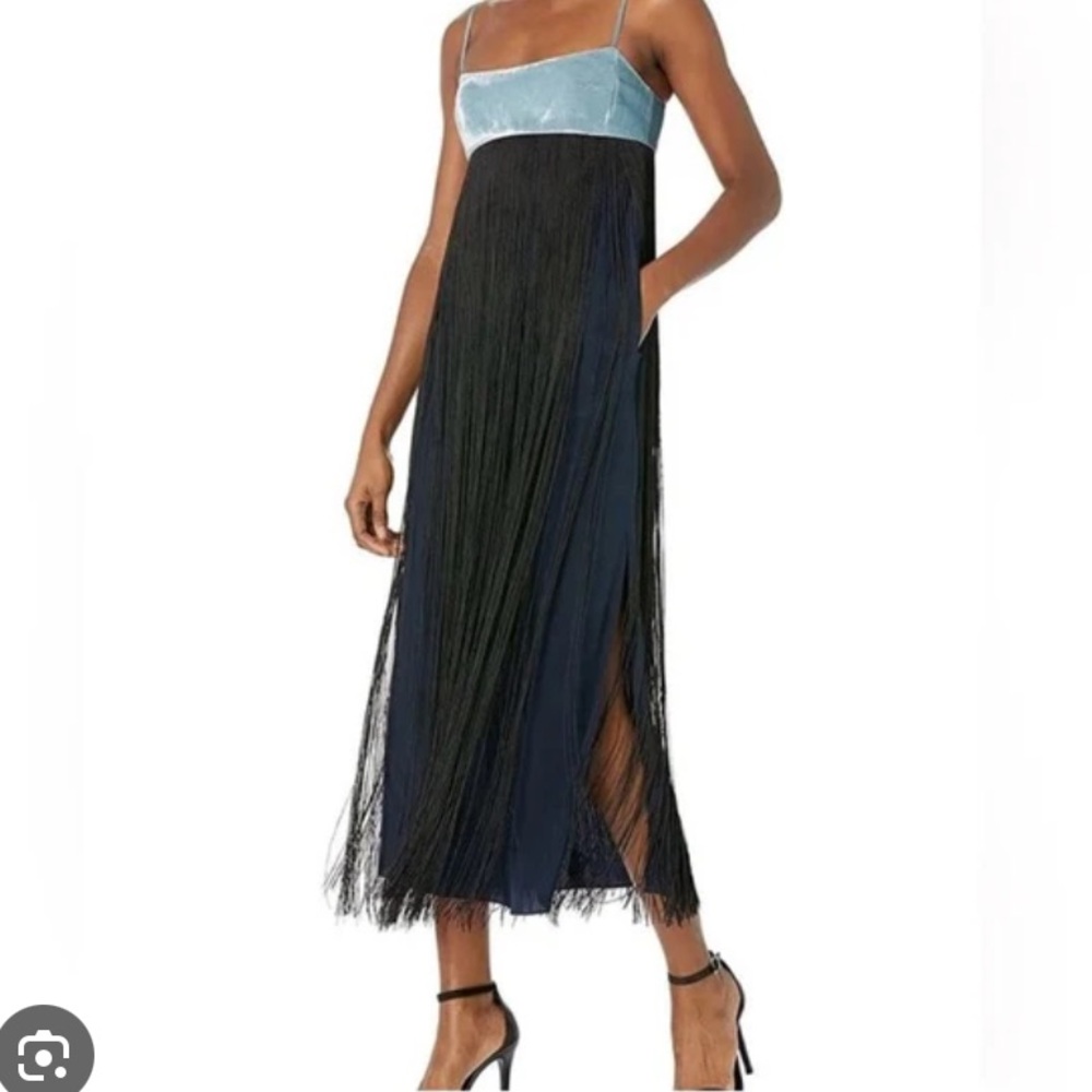 Rebecca Taylor women’s blue velvet fringe overlay silk dress size 16
